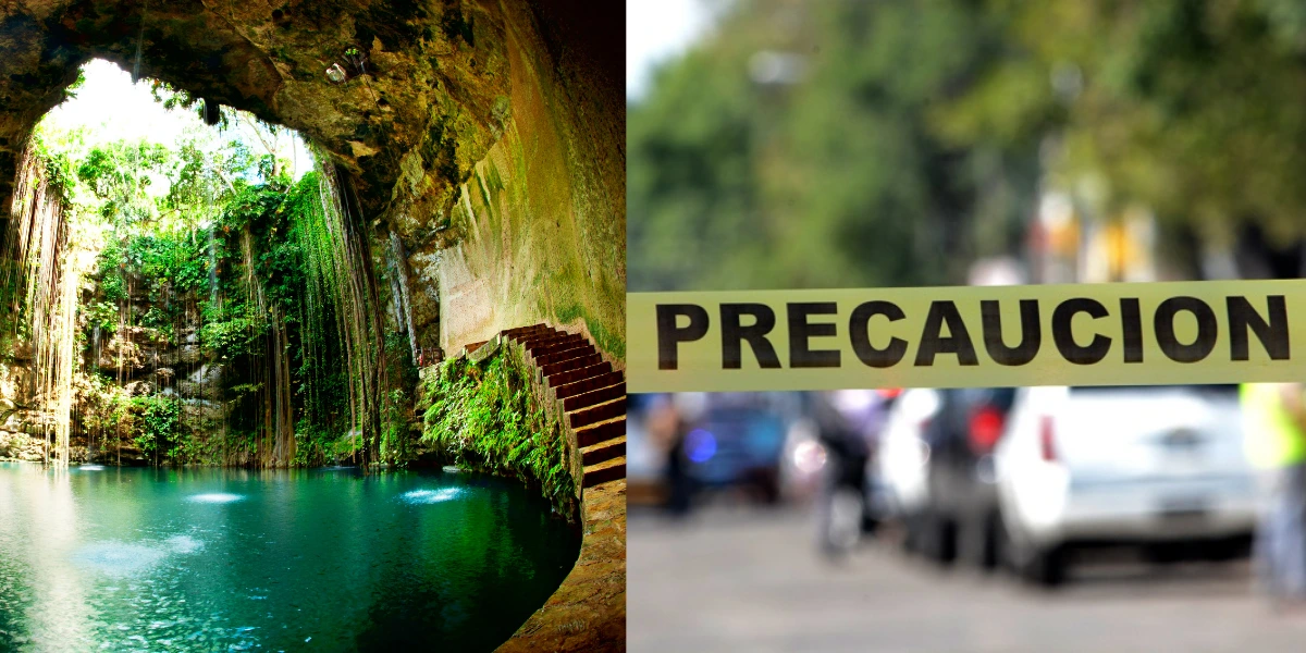 Imagen comparativa de un Cenote en Mérida y cinta de precaución.