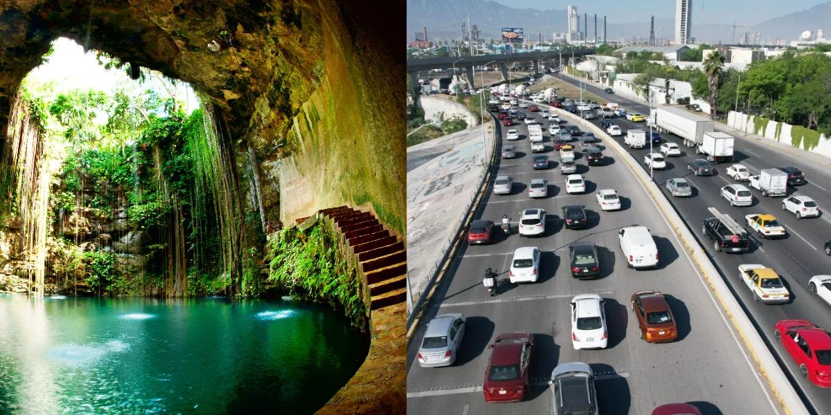 Imagen comparativa de un cenote en Mérida y trafico en Monterrey