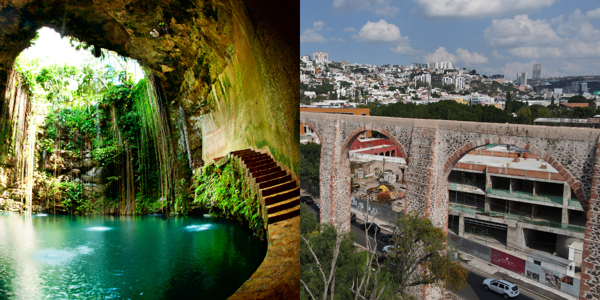 Imagen comparativa de un cenote en Mérida y Queretaro.